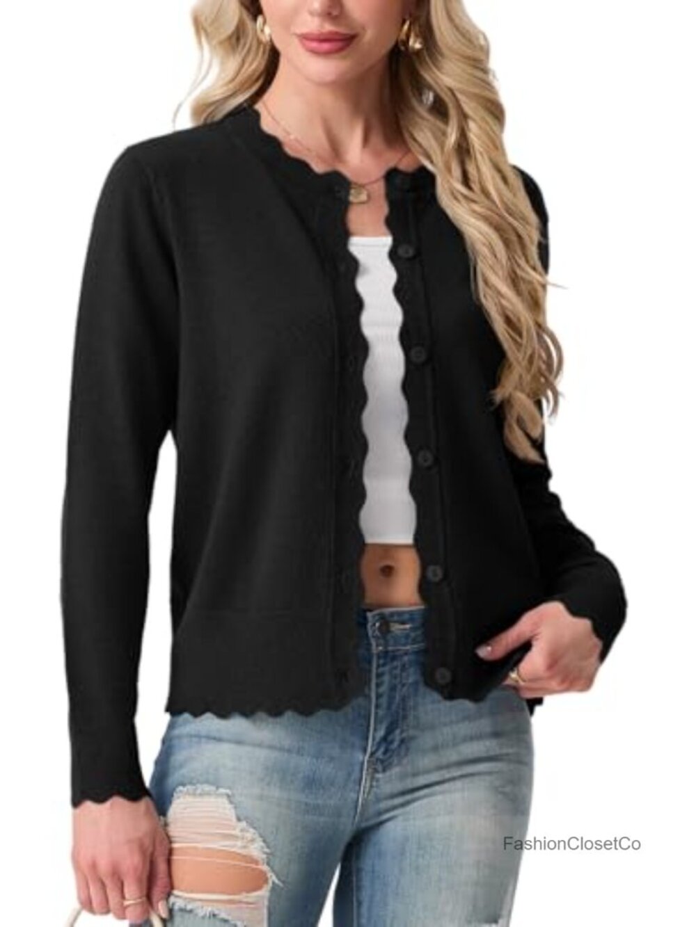 Knit Cardigan Sweater Lightweight Scalloped Button Front Long Sleeve